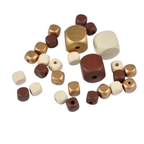 Paris Prix Lot De 27 Perles En Bois Cube 1-2cm Beige & Or 1