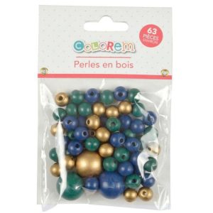 Paris Prix Lot De 63 Perles Rondes Bois 1-2cm Bleu Paon 6