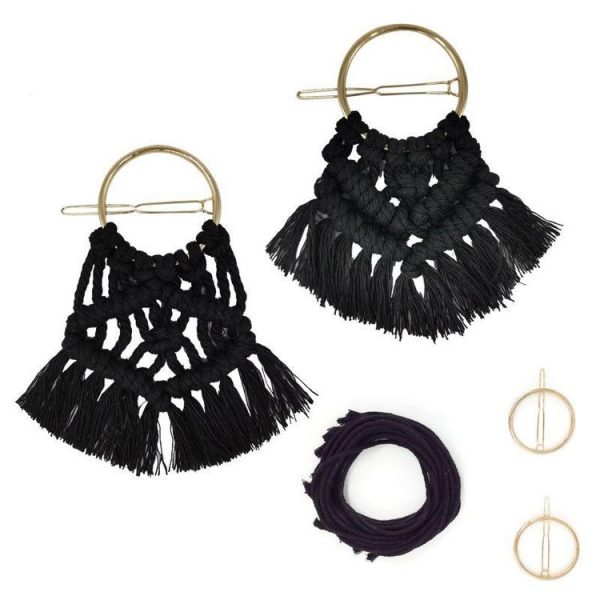 Paris Prix Kit Pour 2 Barrettes Cheveux Macramé 20cm Noir 1