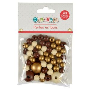 Paris Prix Lot De 63 Perles Rondes Bois 1-2cm Beige & Or 6