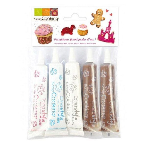 SCRAPCOOKING Stylos De Glaçage Blanc, Rose, Bleu + 2 Stylos Chocolat 1